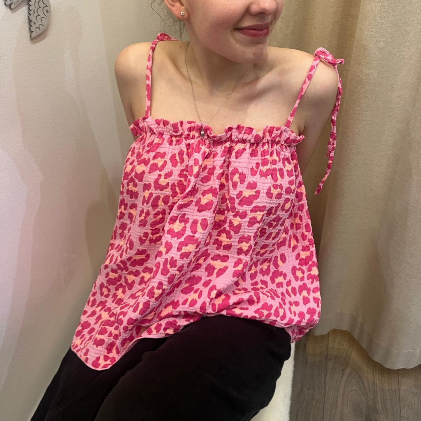 Waffle Cotton Cropped Tie Top - Pink Leopard