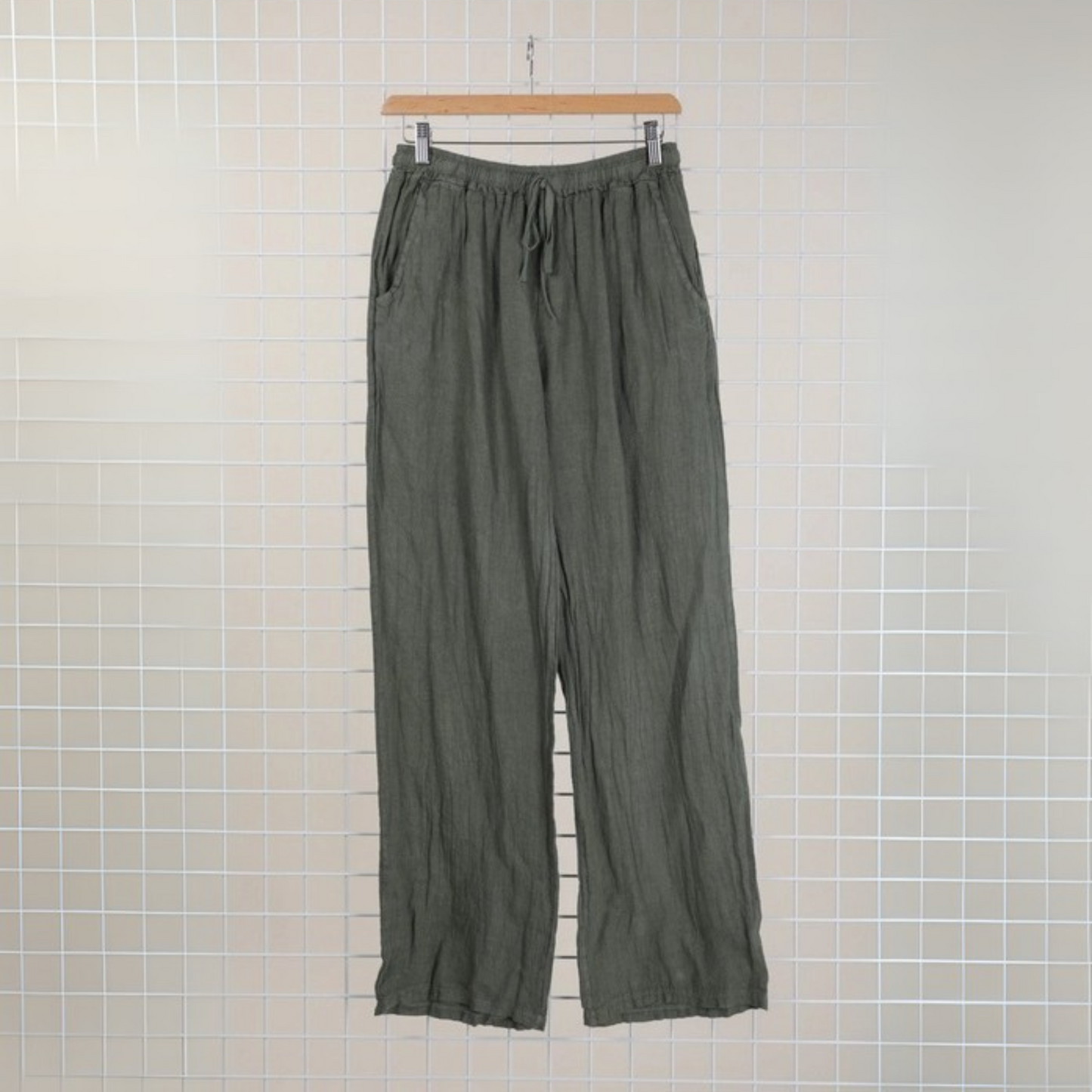Linen Wide Leg Trousers - Khaki