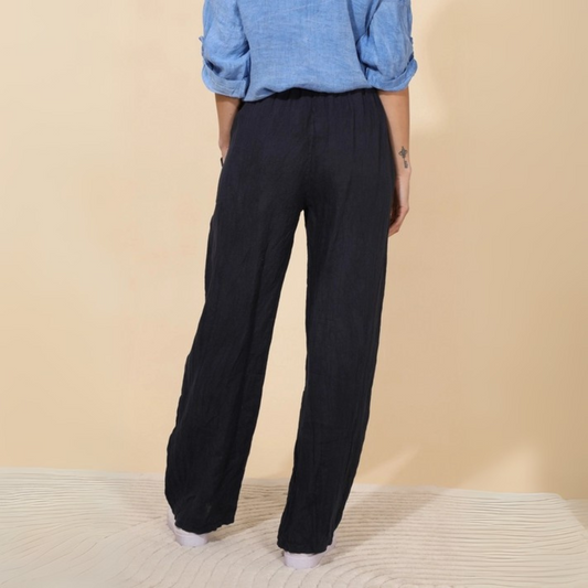 Linen Wide Leg Trousers - Navy Blue