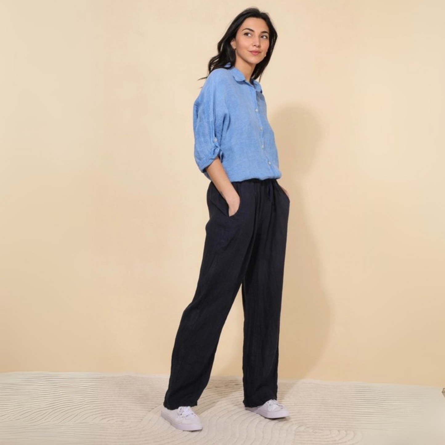 Linen Wide Leg Trousers - Navy Blue
