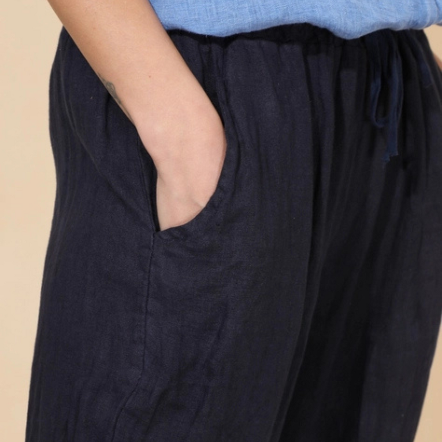 Linen Wide Leg Trousers - Navy Blue