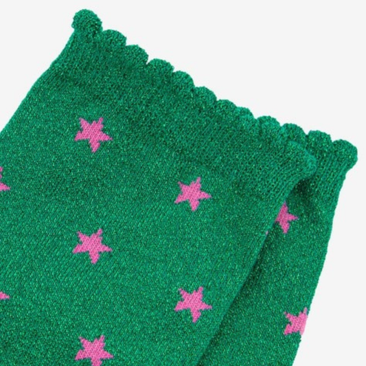 Glitter Socks - Green with Pink Stars