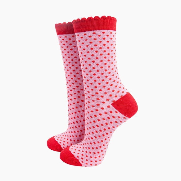 Polka Dot Cotton Glitter Socks - Pink & Red