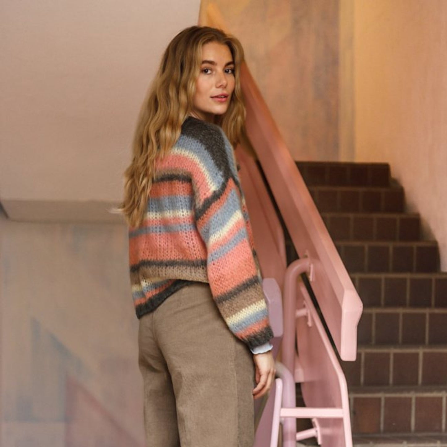 Black Colour DK Multi Striped Jumper - Coral Pink