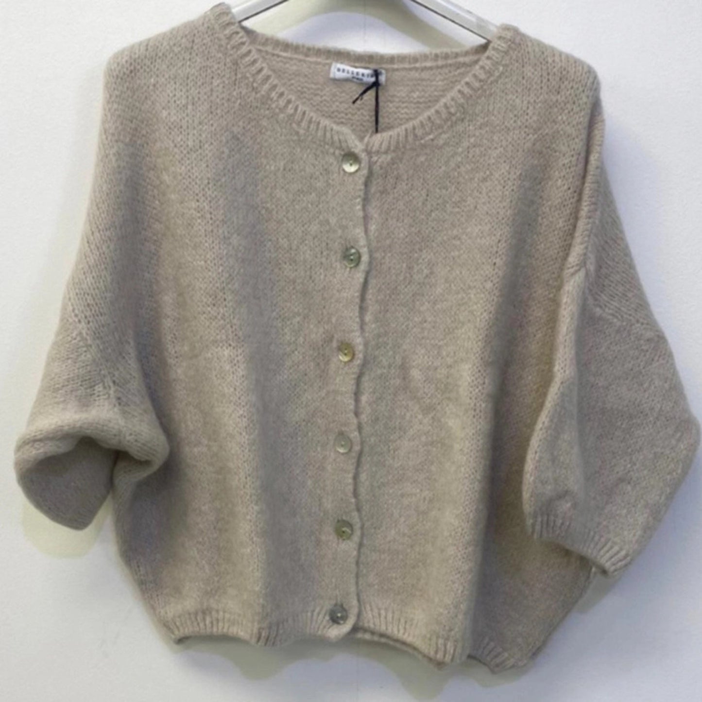 Mohair Blend Cropped Sleeve Cardigan - Stone