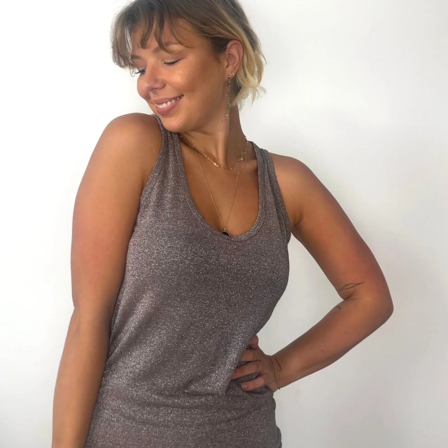 Faye Glitter Vest Top - Taupe