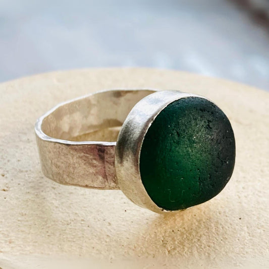 Medium Eco Silver Ring - Green Sea Glass