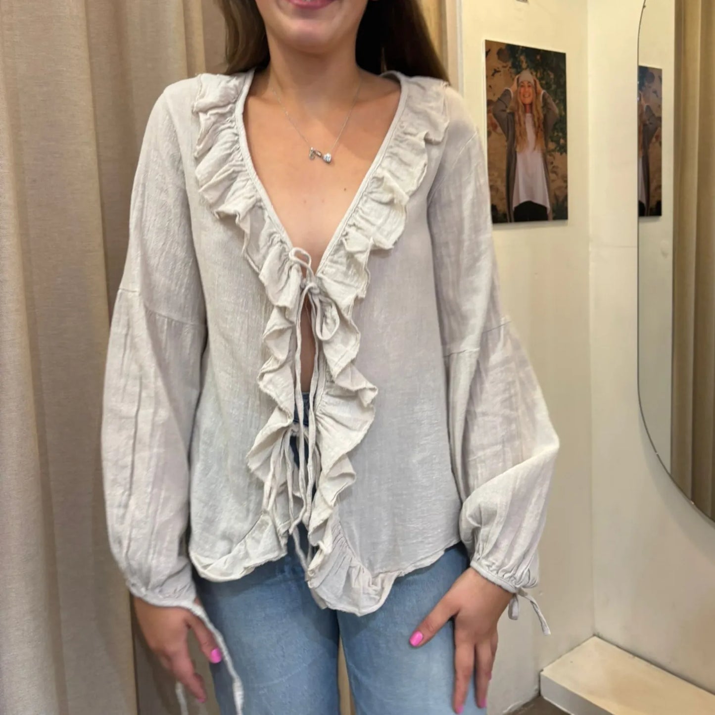 Karrie Frill Tie Front Top - Stone