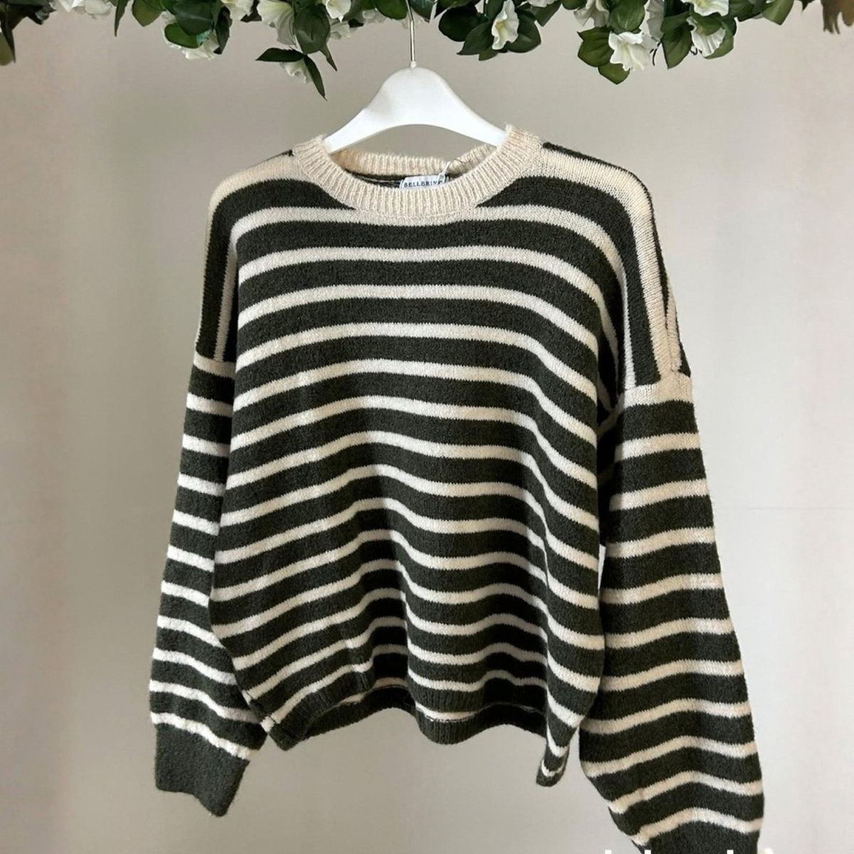 Alpaca Blend Striped Jumper - Khaki & Ecru