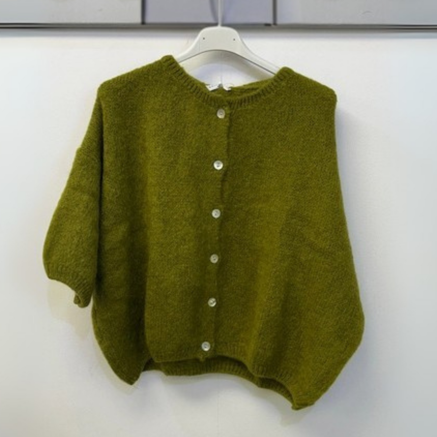 Mohair Blend Cropped Sleeve Cardigan - Olive