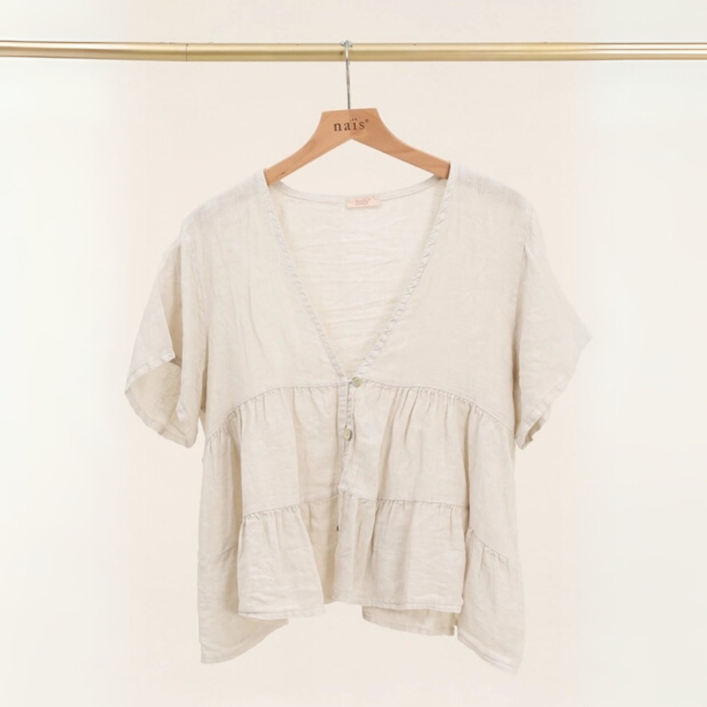 Short Sleeve Buttoned Linen Blouse - Beige