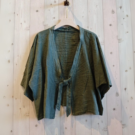 Linen Tie Jacket - Khaki Green