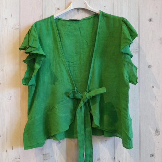 Linen Frill Tie Blouse - Apple Green