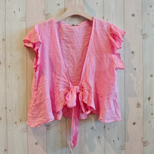 Linen Frill Tie Blouse - Bubblegum Pink