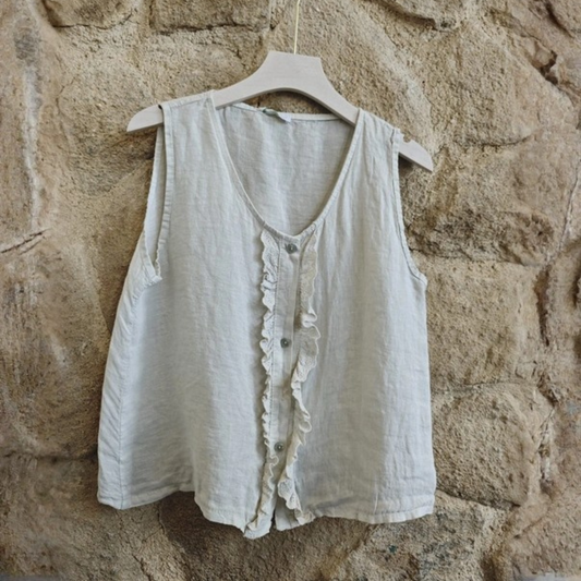Linen Sleeveless Button Blouse - Beige