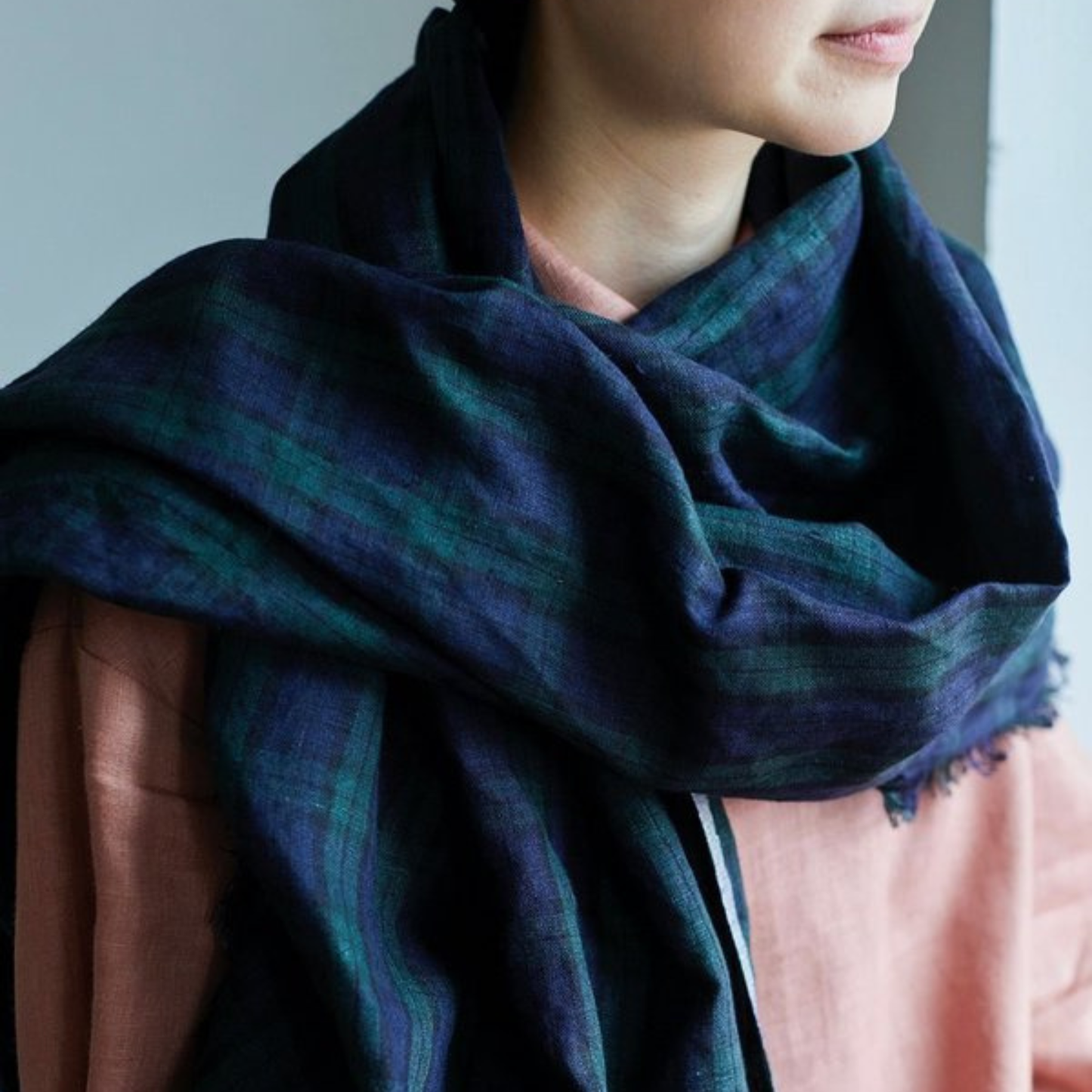 Japanese Linen Scarf Tuz - Blue & Green Check