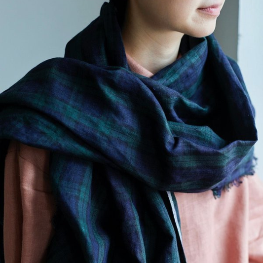 Japanese Linen Scarf Tuz - Blue & Green Check