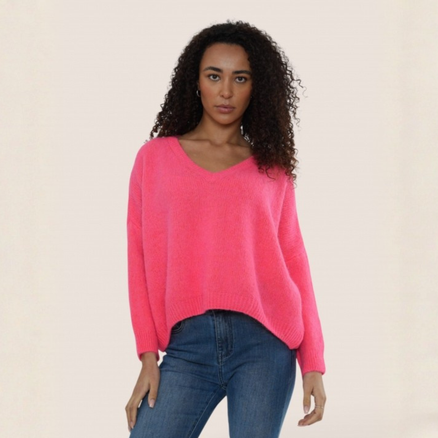 Alpaca Blend V Neck Jumper - Neon Coral