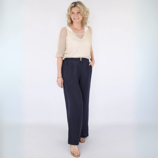 Straight Leg Linen Trousers - Navy Blue