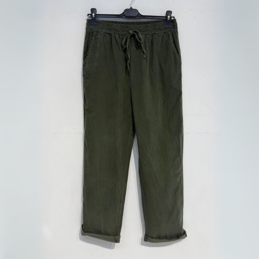 Needlecord Tapered Trousers - Khaki Green