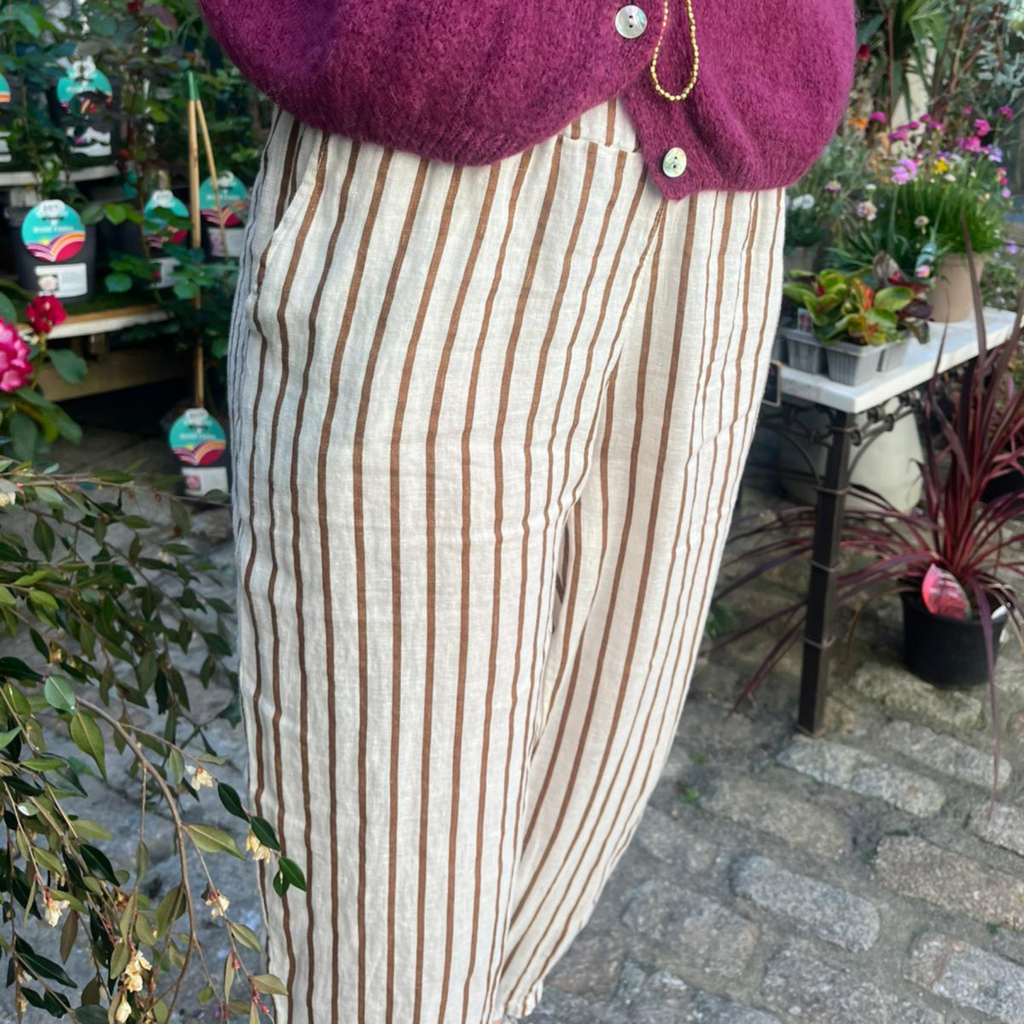 Melina Linen Trousers - Tan Stripe