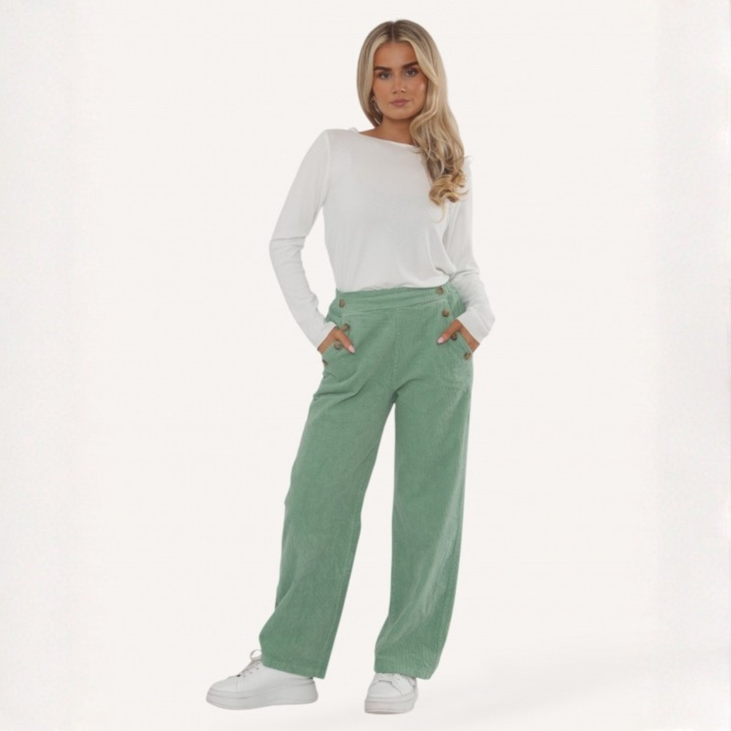 Button Detail Corduroy Trousers - Sage Green
