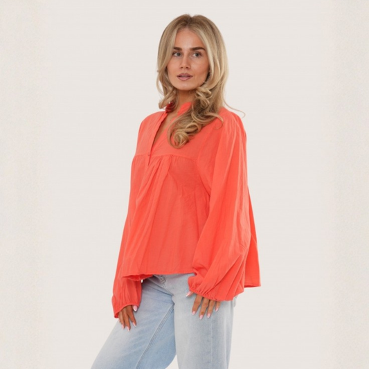 Cotton Smock Blouse - Coral
