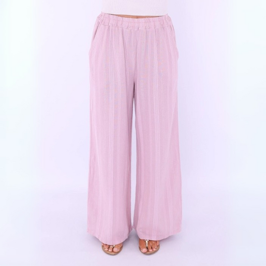 Cotton Stripe Straight Leg Trousers - Pink