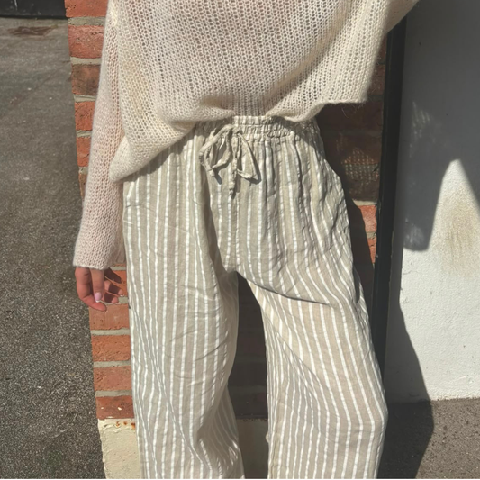 Linen Wide Leg Trousers - White & Tan Pinstripe