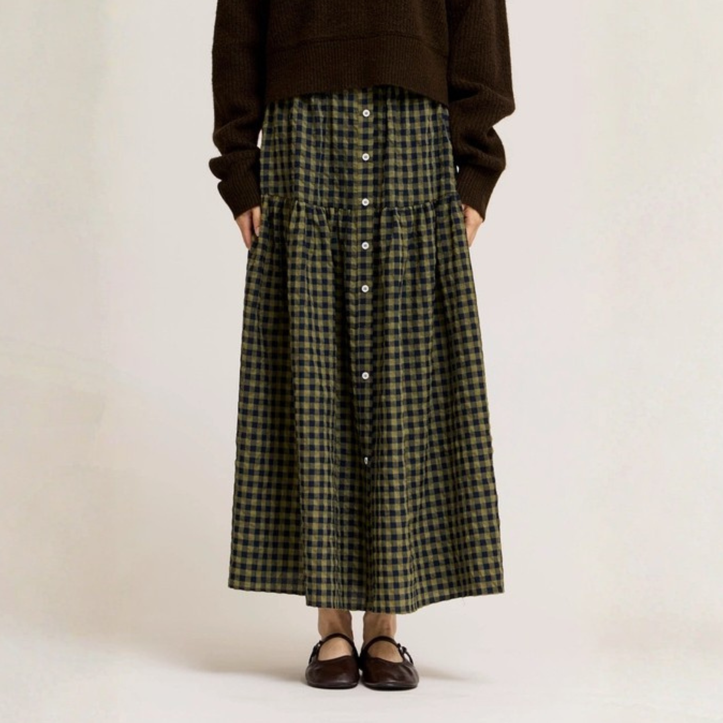 Button Down Gingham Check Skirt - Olive Green