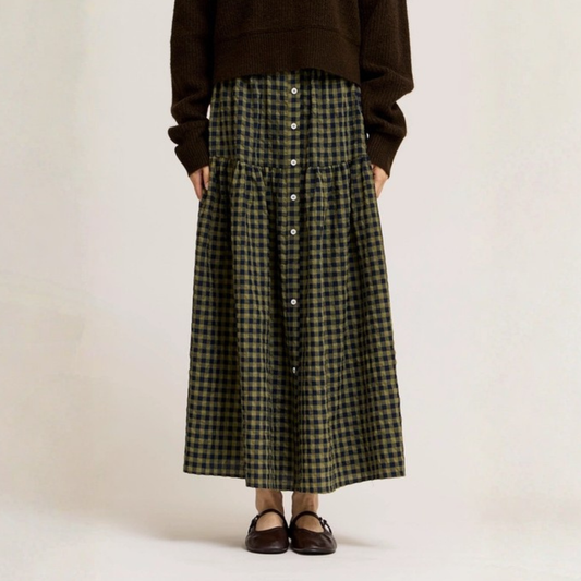 Button Down Gingham Check Skirt - Olive Green