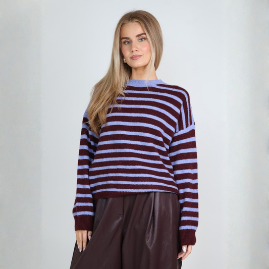 Alpaca Blend Striped Jumper - Hydrangea & Merlot