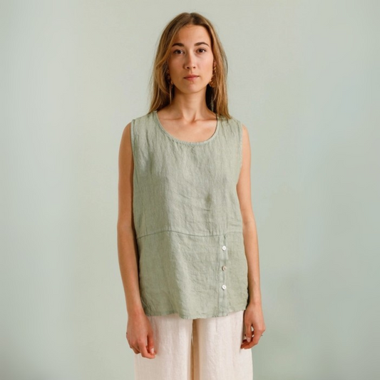 Linen Top with Button Detail - Almond Green