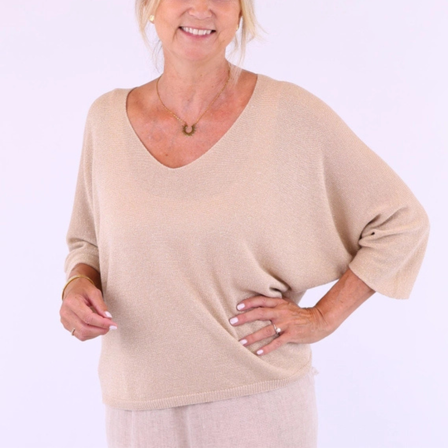 Modal Blend V Neck Sparkle Top - Taupe