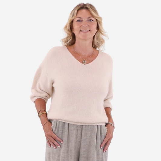 Alpaca Blend Short Sleeve V Neck Jumper - Cream