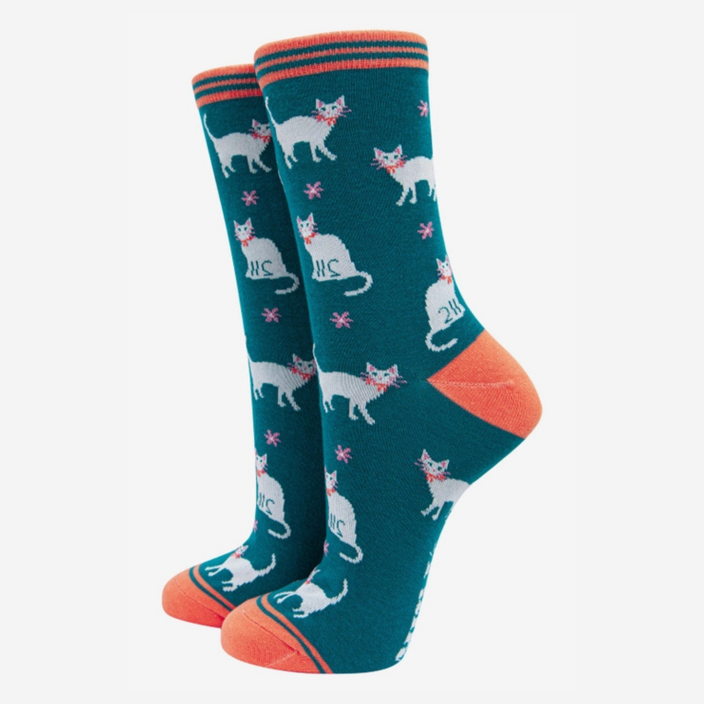 Sock Talk Bamboo Socks - Teal and White Cats