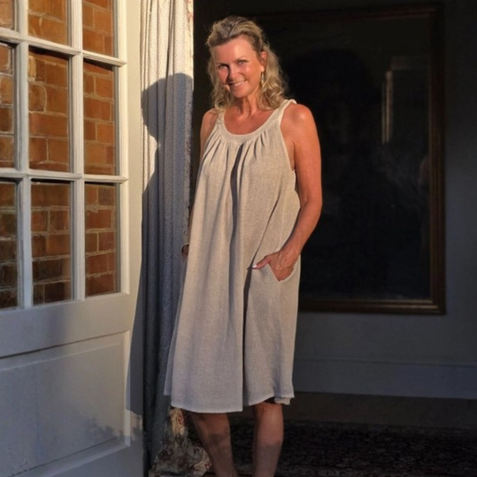 Linen and Cotton Tie Back Sundress - Sand