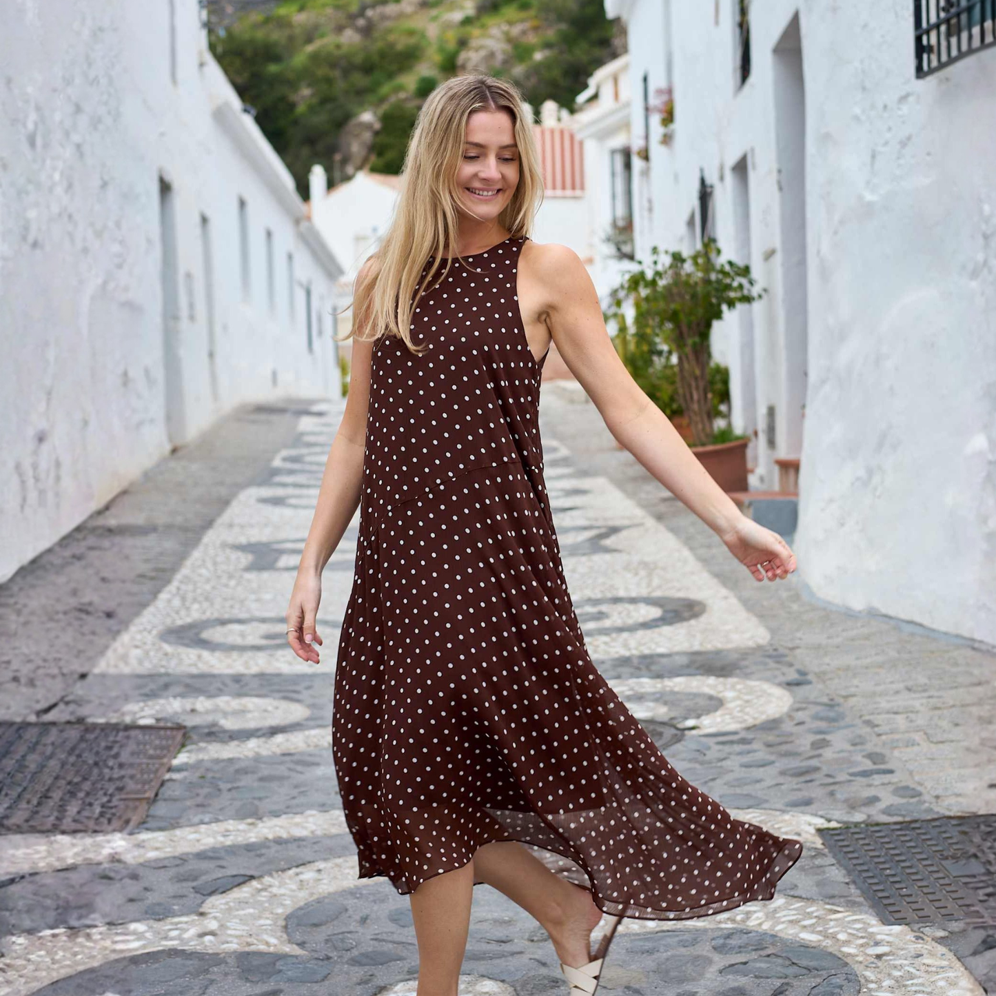 Vivian Chiffon Dress - Espresso Polka Dot