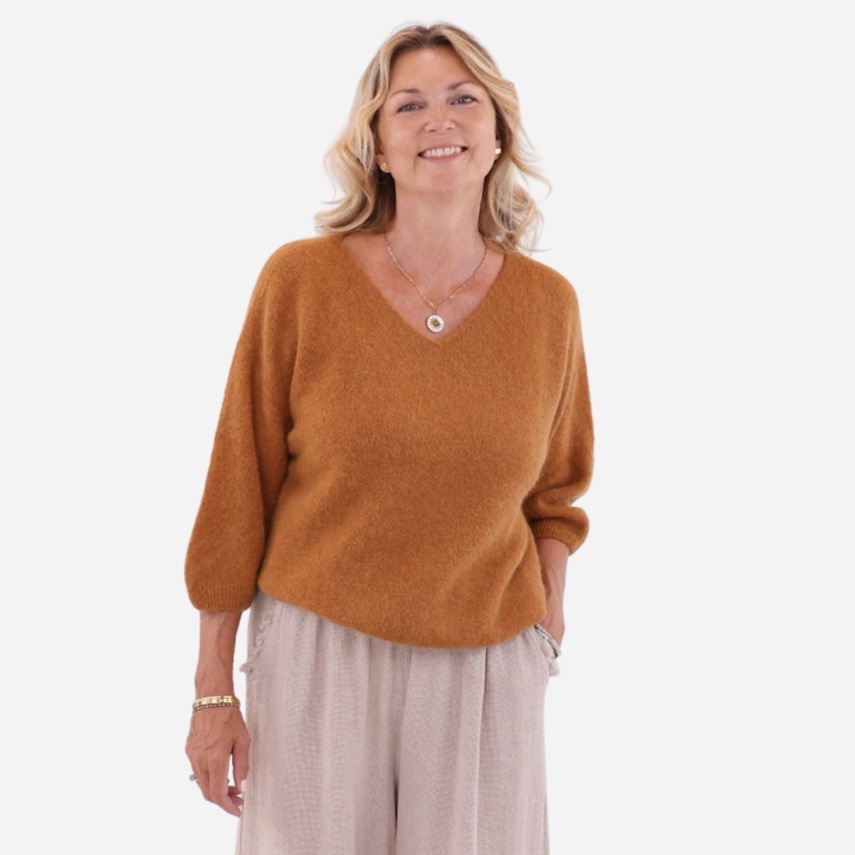 Alpaca Blend Short Sleeve V Neck Jumper - Spiced Caramel