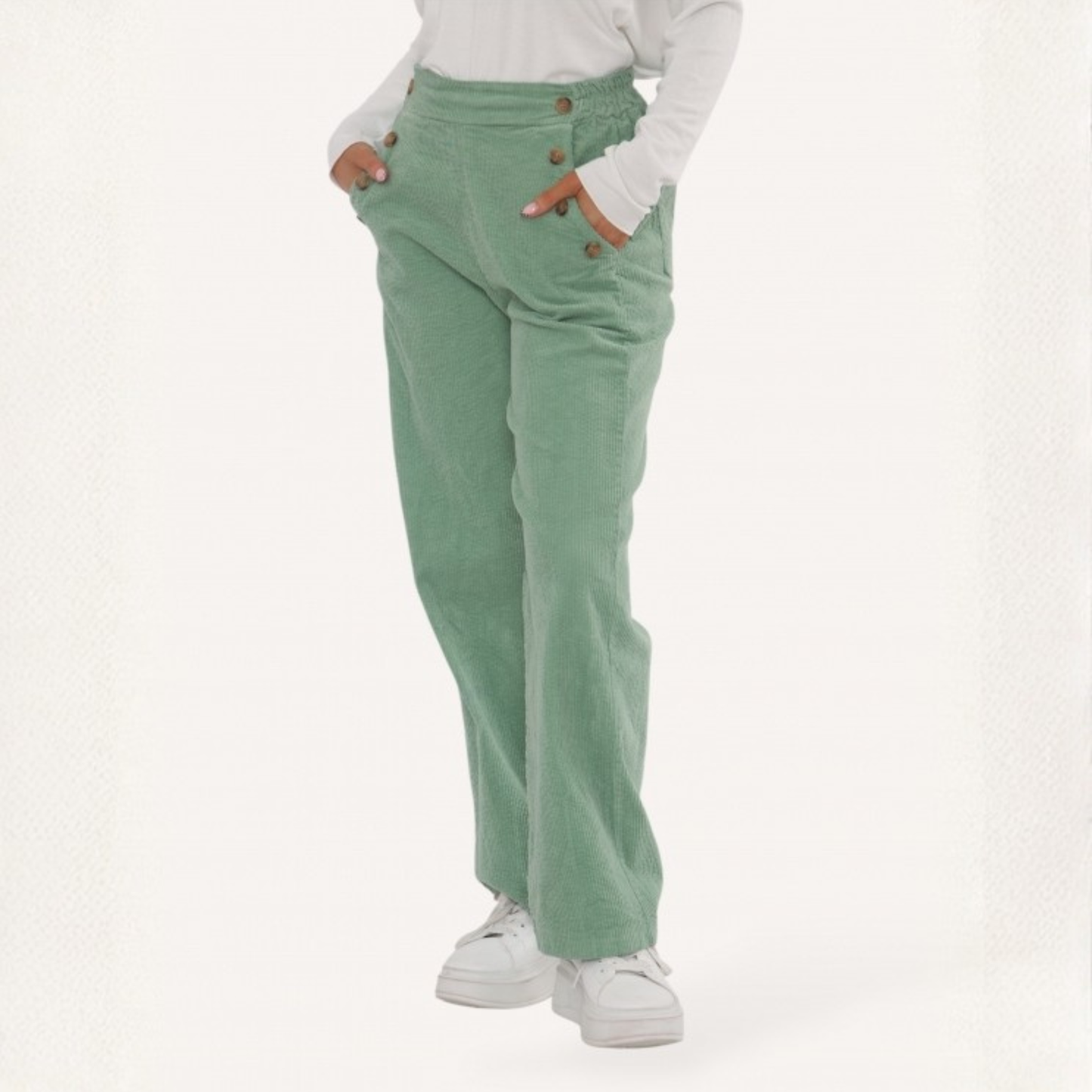 Button Detail Corduroy Trousers - Sage Green
