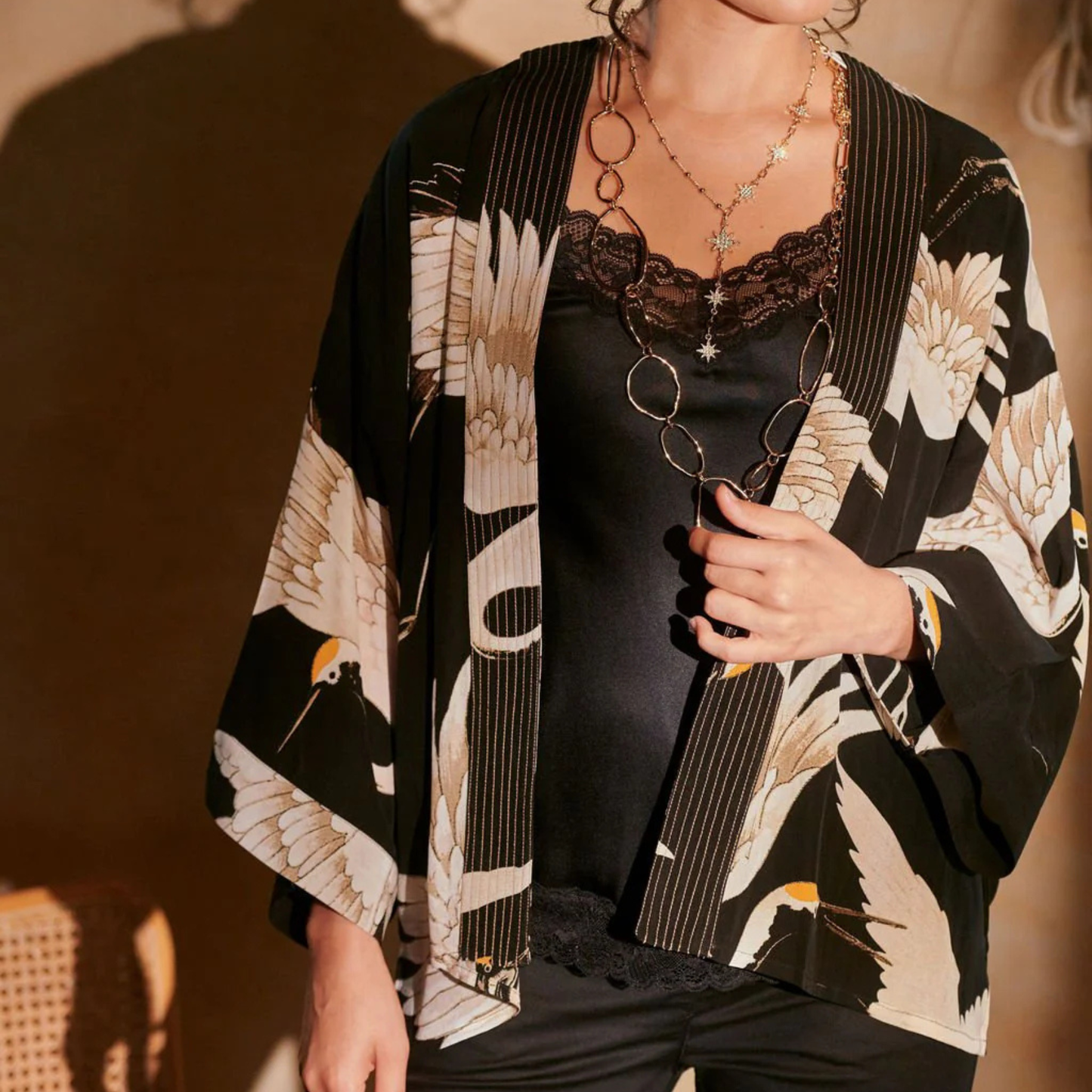 Crepe Kimono - Stork Black