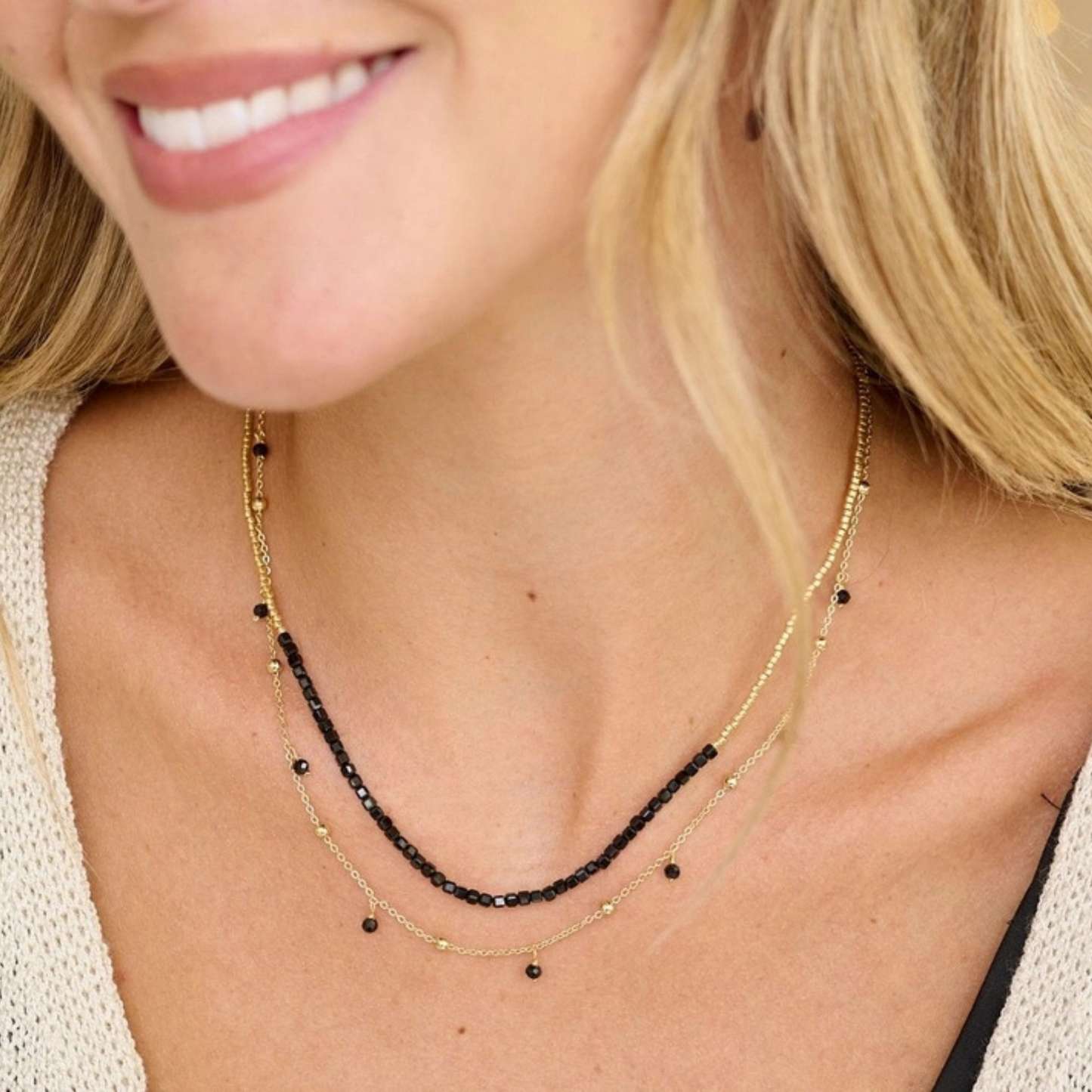 Boho Betty Lily Beaded Necklace - Gold & Black Spinel