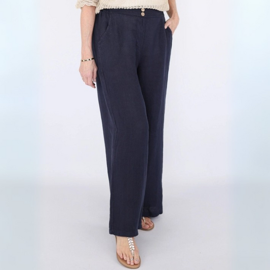 Straight Leg Linen Trousers - Navy Blue