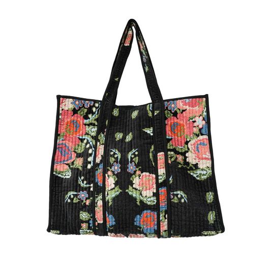 One Hundred Stars Velvet Tote Bag - Woven Flower Black