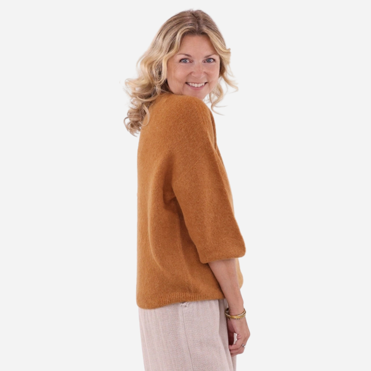 Alpaca Blend Short Sleeve V Neck Jumper - Spiced Caramel