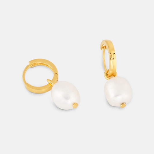 Gold Huggie Earrings - Pearl