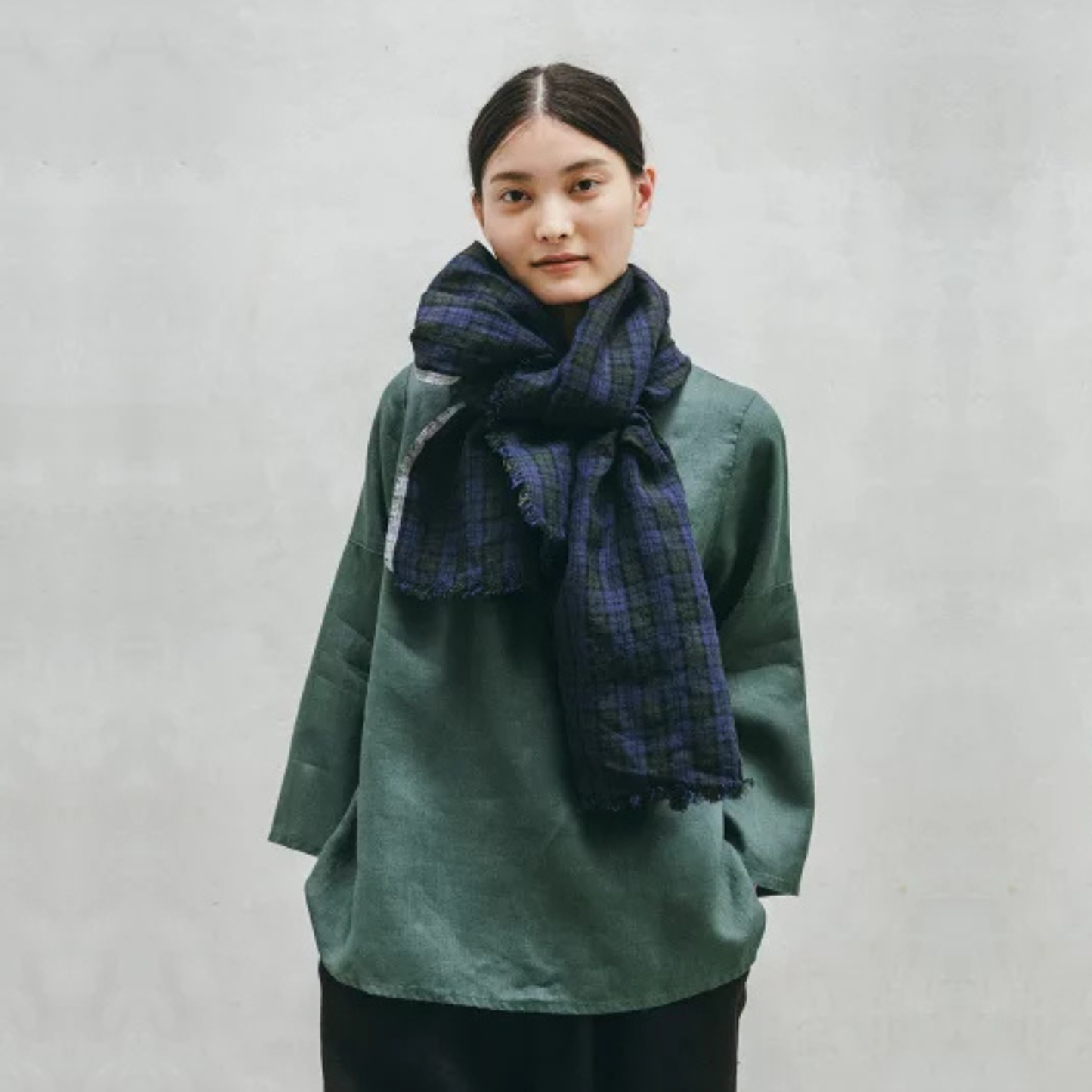 Japanese Linen Scarf Tuz - Blue & Green Check