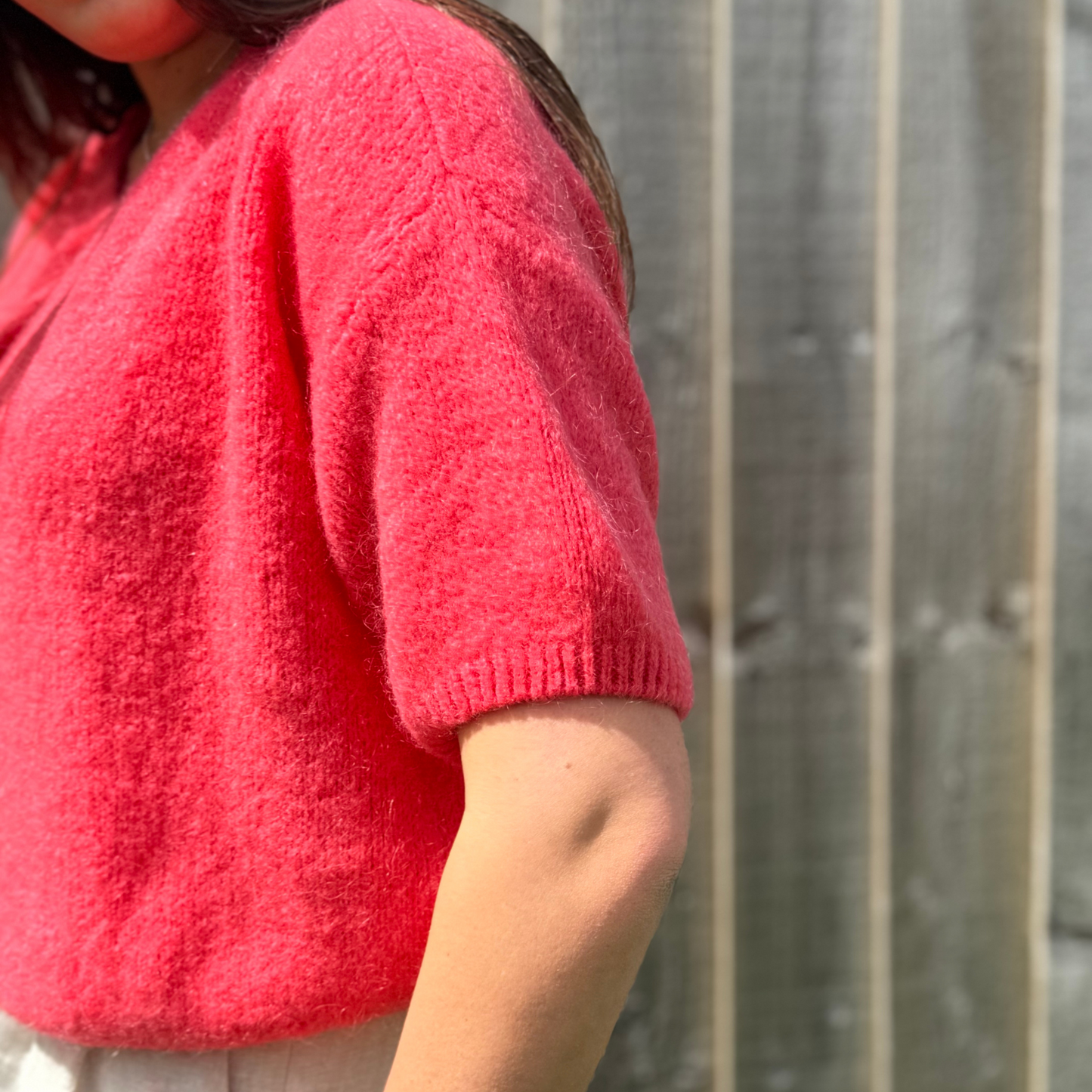 Mohair Blend Cropped Sleeve Cardigan - Coral Pink
