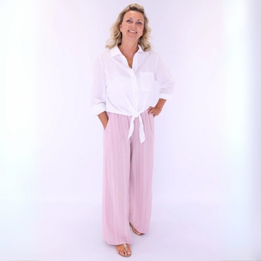 Cotton Stripe Straight Leg Trousers - Pink