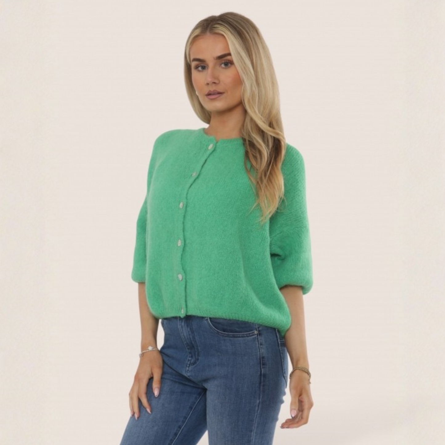 Mohair Blend Cropped Sleeve Cardigan - Emerald Green